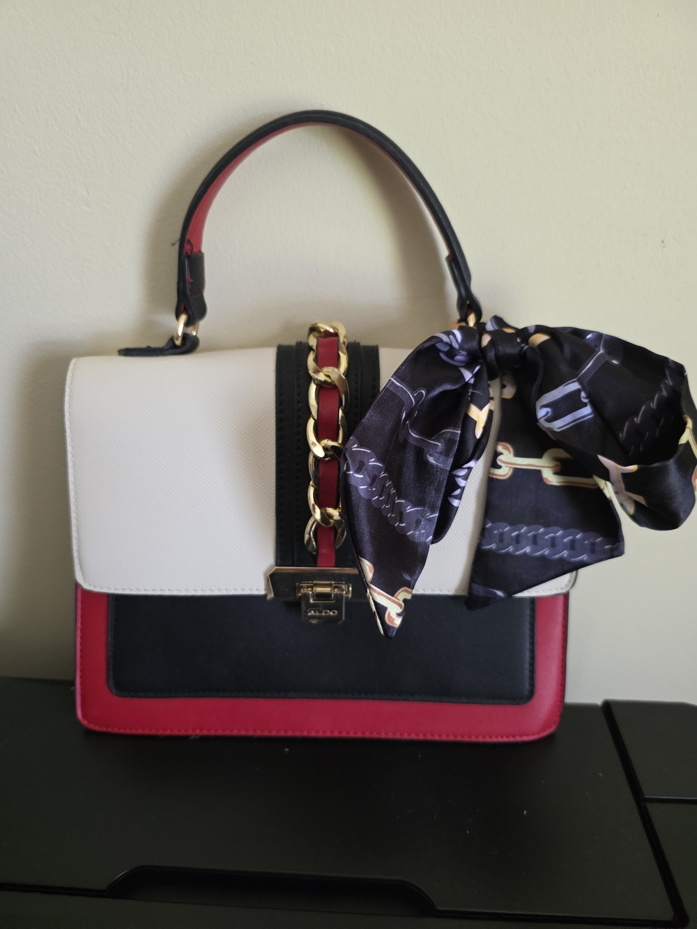 ALDO Tricolor Top-Handle Satchel in Cream, Black & Red